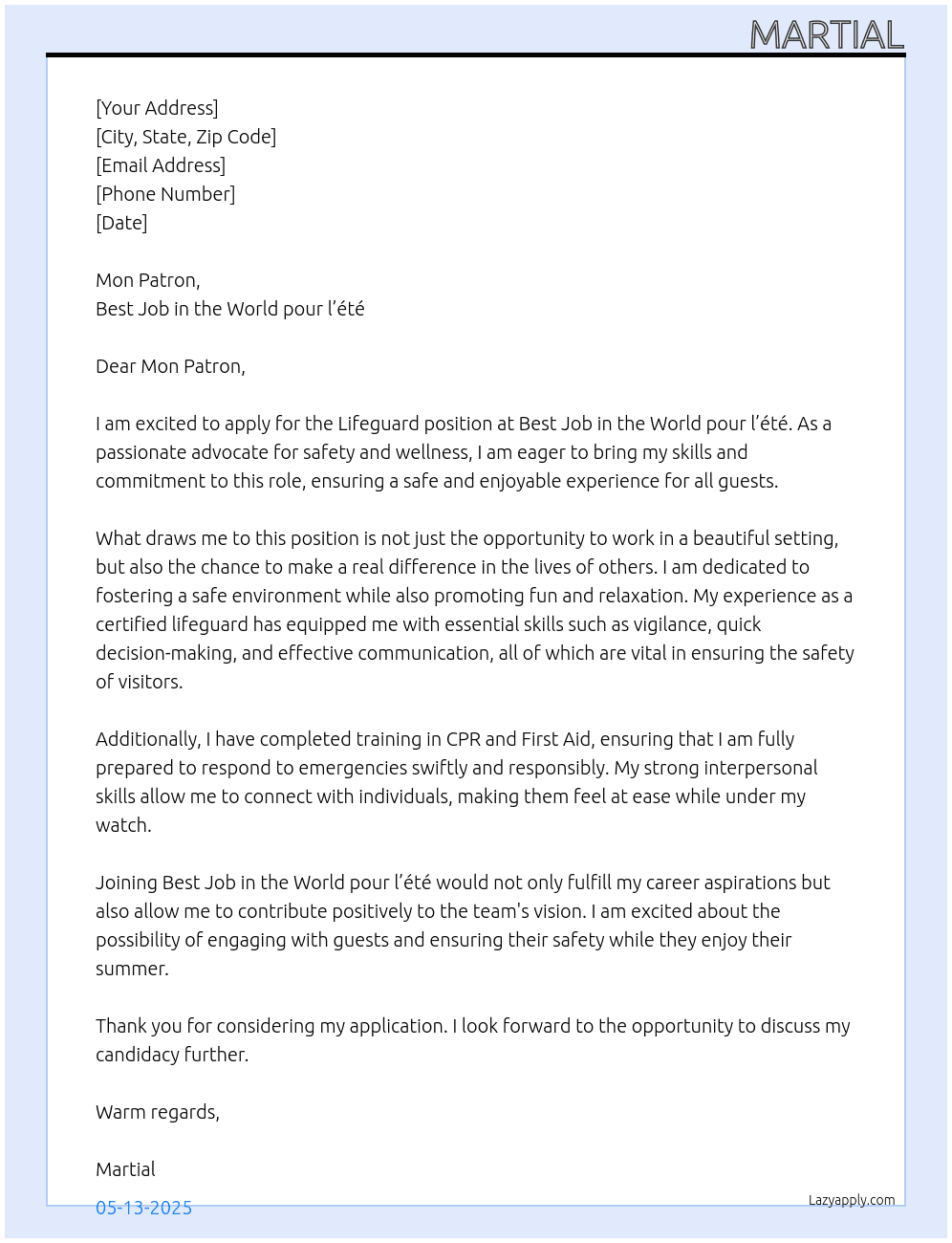 Liveguard At Best, job in the Word pour l’été Cover Letter