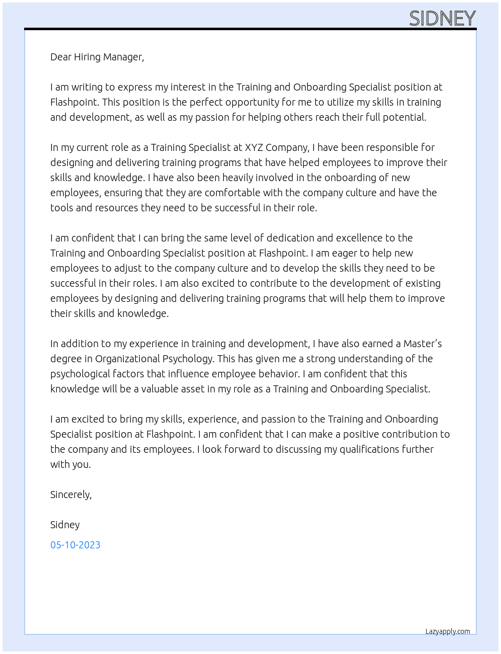 Training and Onboarding Specialist  At Flashpoint Cover Letter