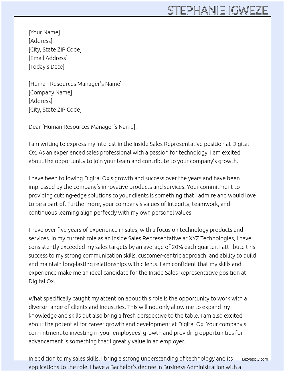 Inside sales representative  At Digital ox  Cover Letter