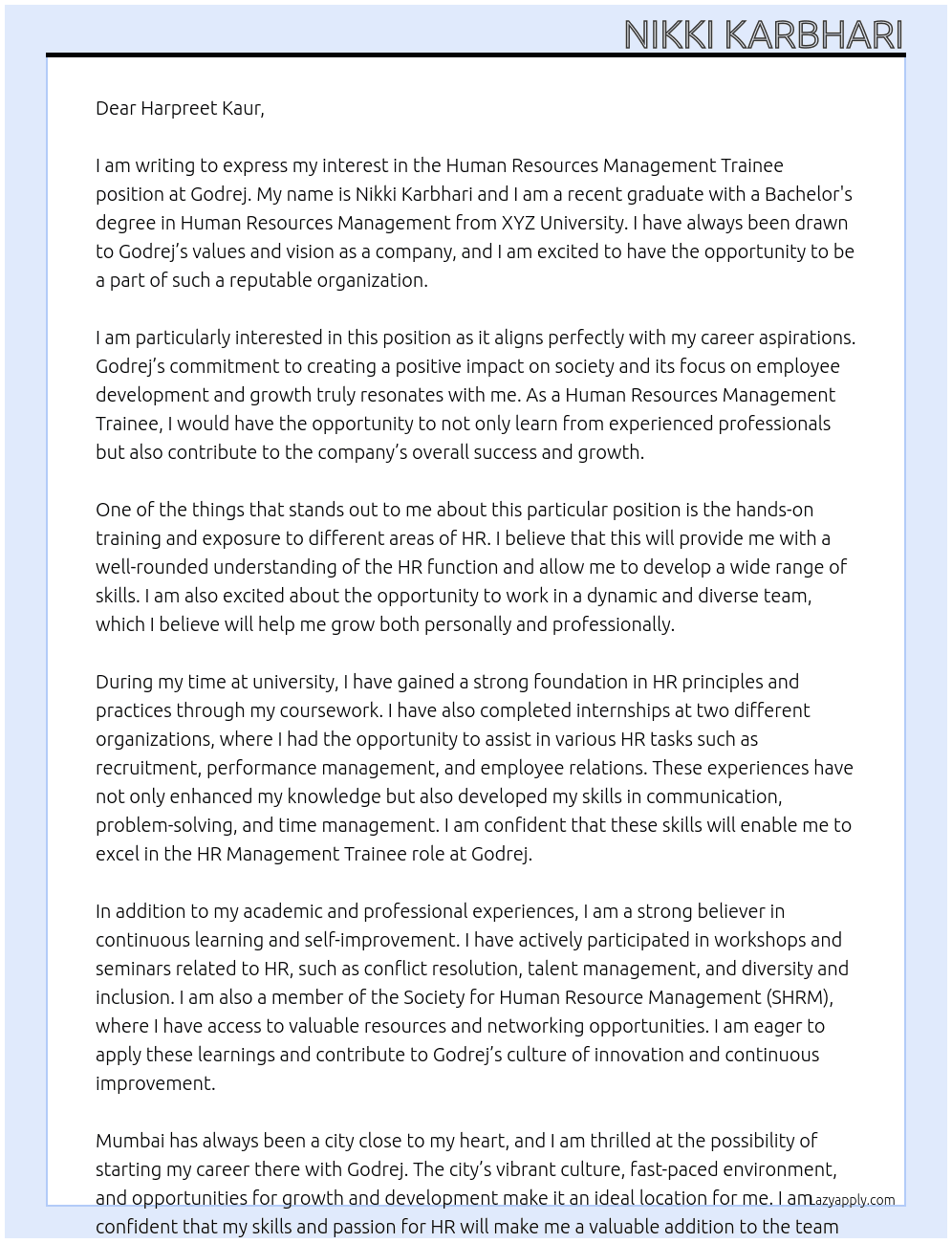 Human Resources Management Trainee At Godrej Cover Letter