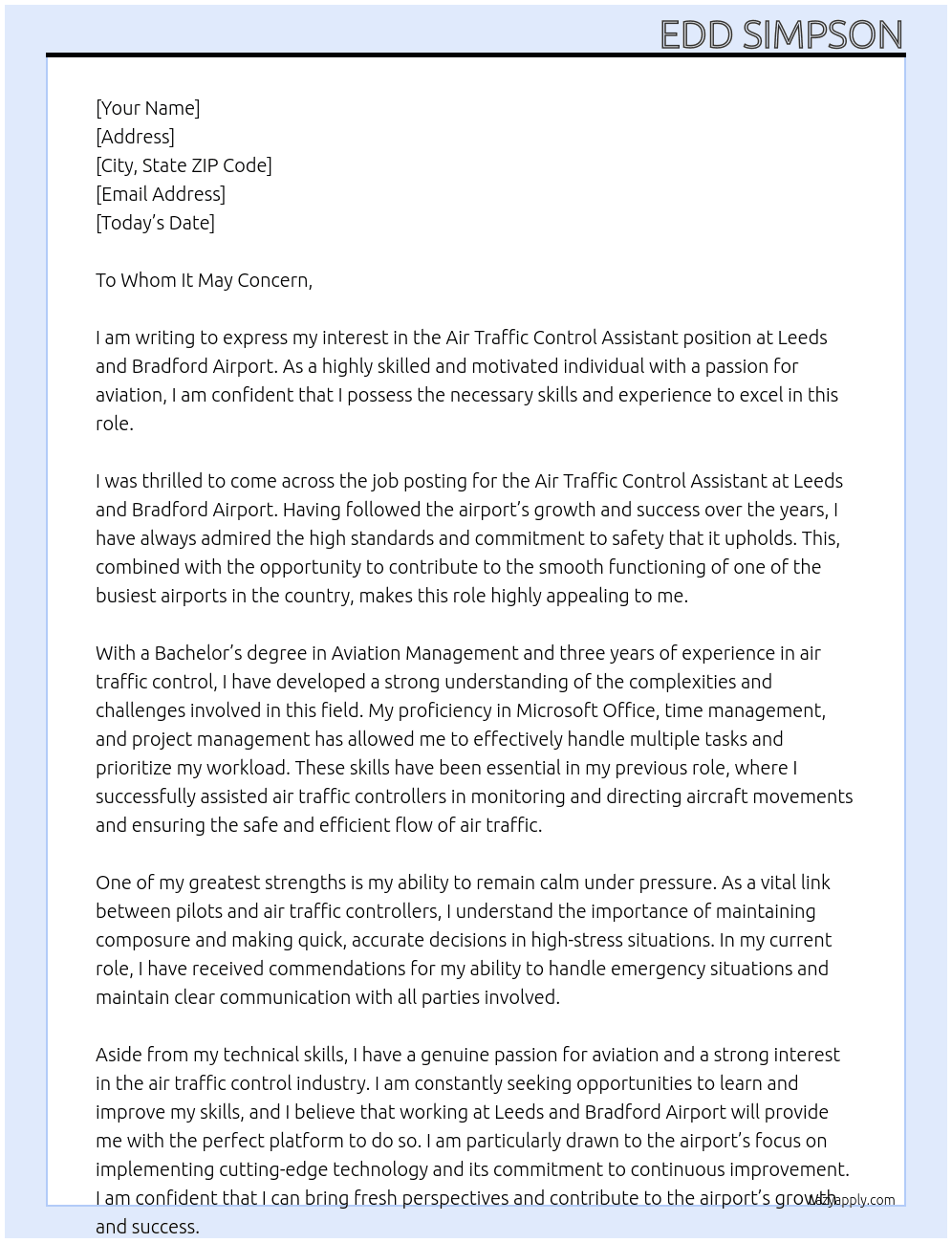 Air Traffic Control Assistant  At Leeds And Bradford Airport Cover Letter