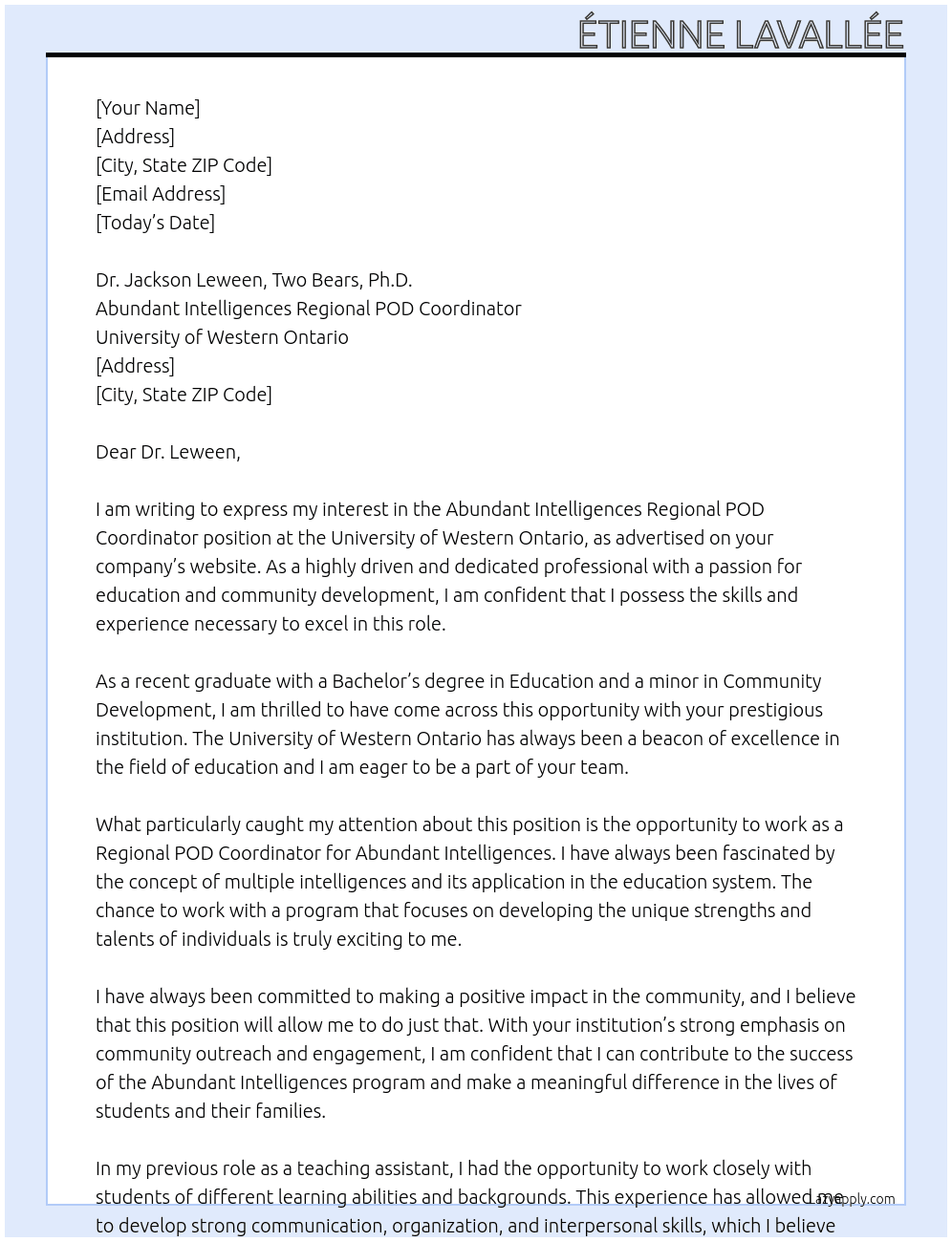 Abundant Intelligences Regional POD Coordinator At University of Western Ontario  Cover Letter