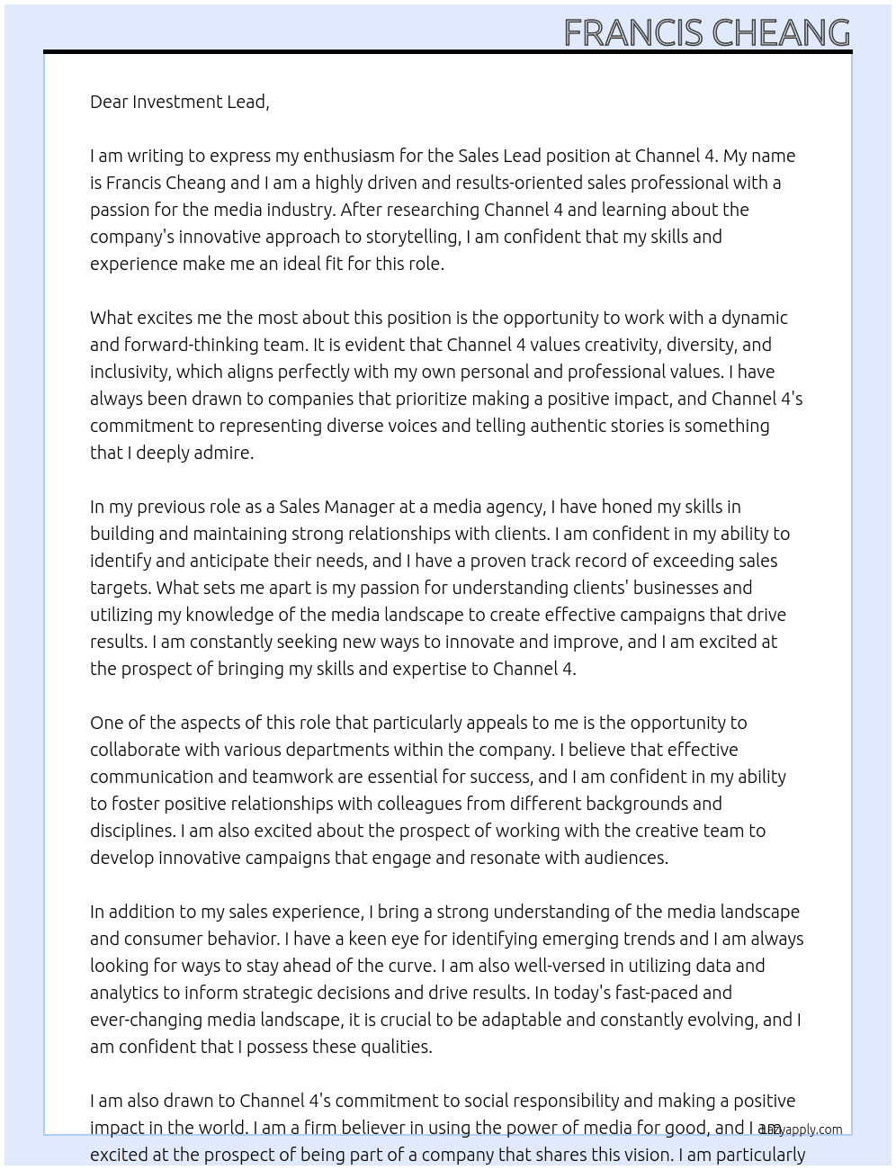 Sales Lead At channel 4 Cover Letter