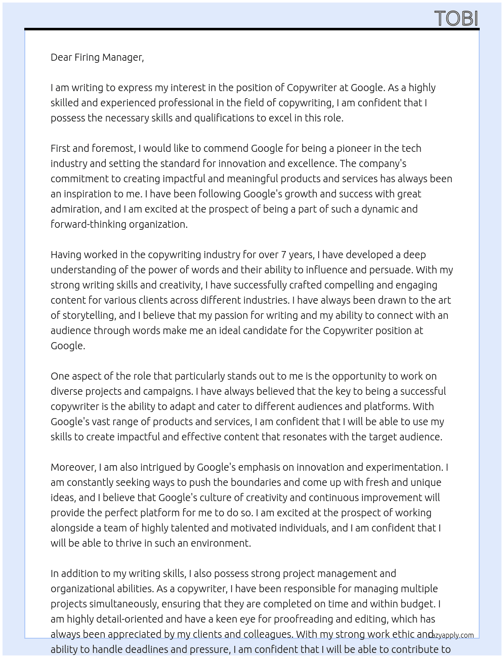 COPYWRITER At GOOGLE Cover Letter