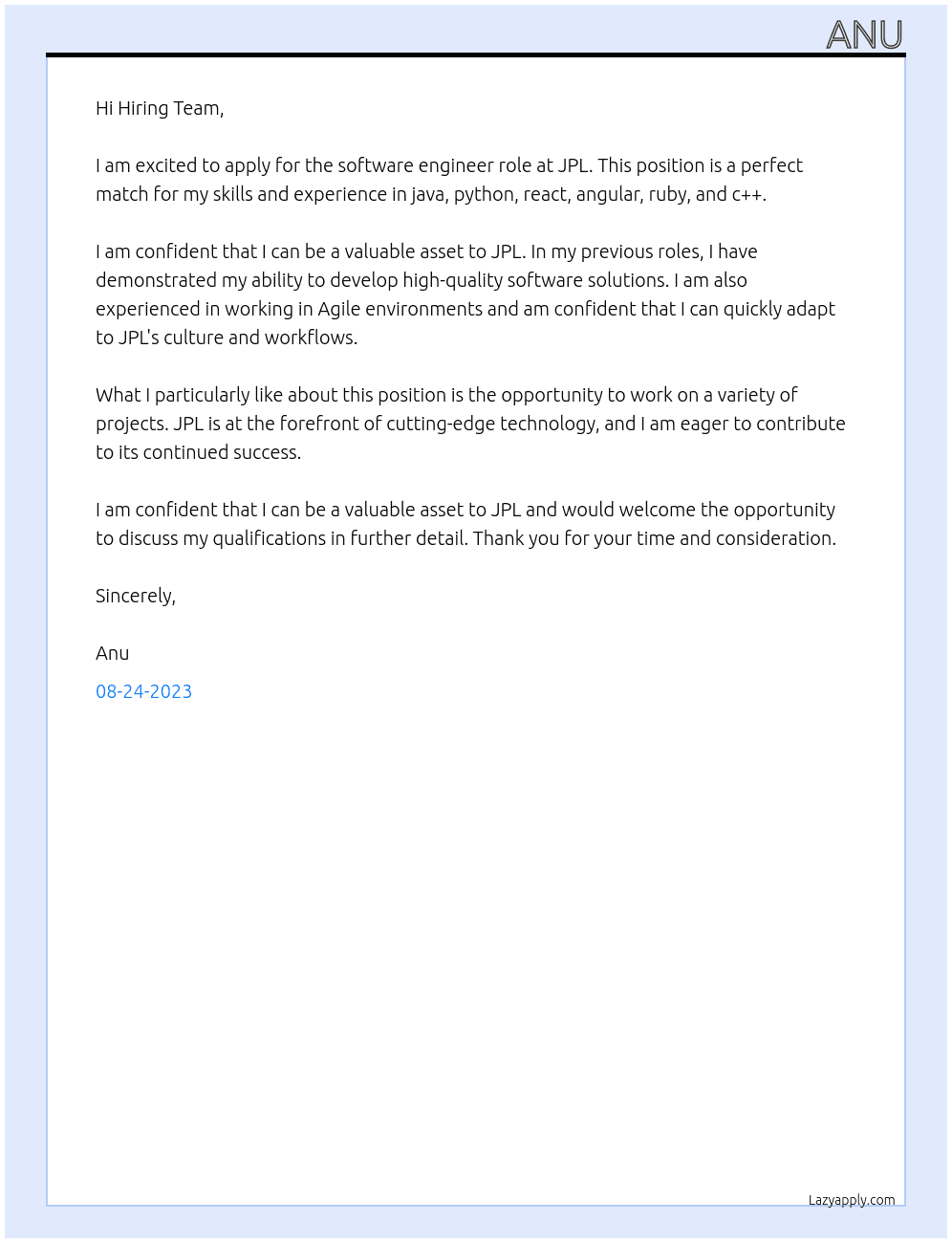 Software engineer At JPL Cover Letter