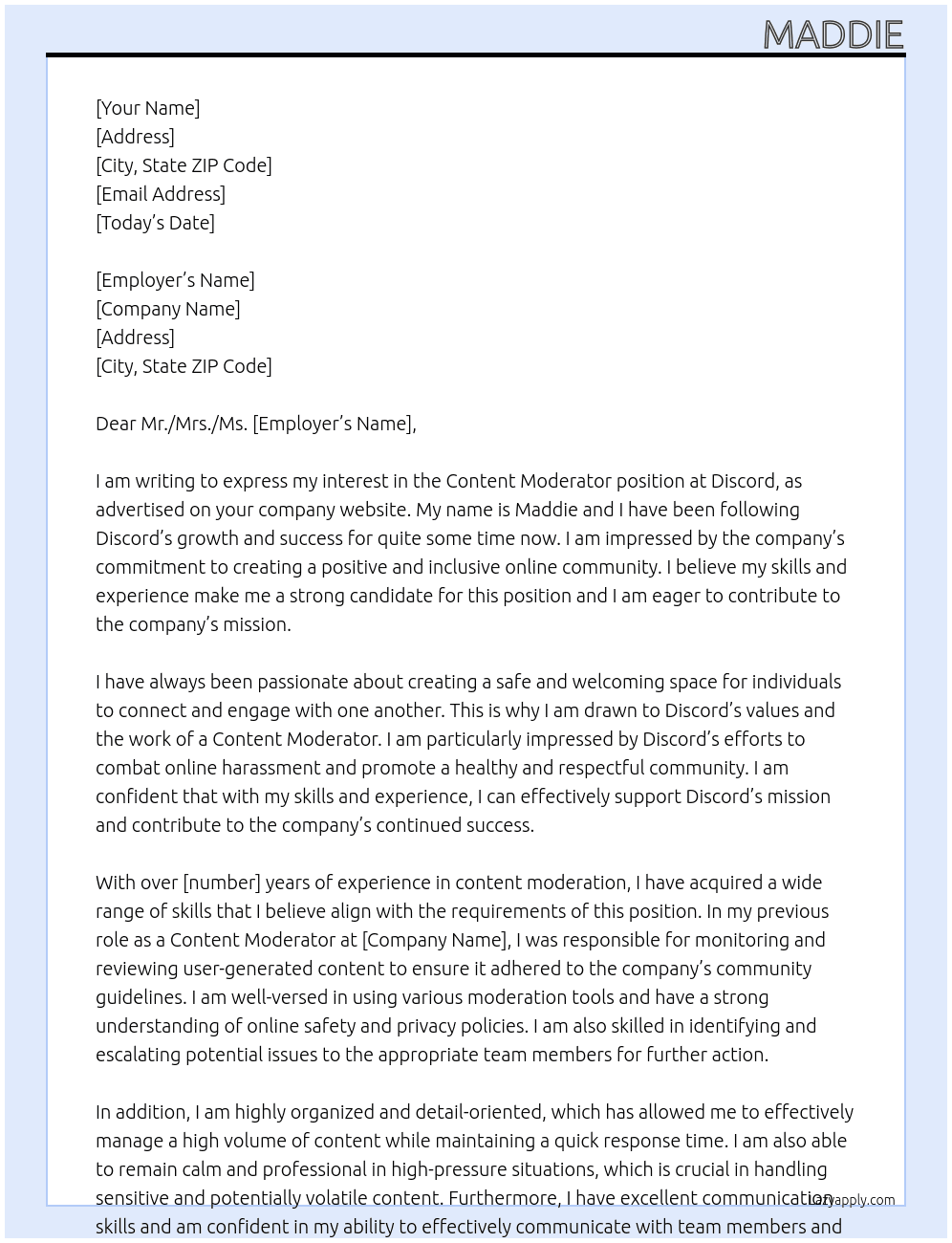 Content Moderator At Discord Cover Letter