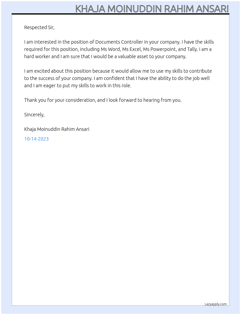 Documents Controller At Not available Cover Letter