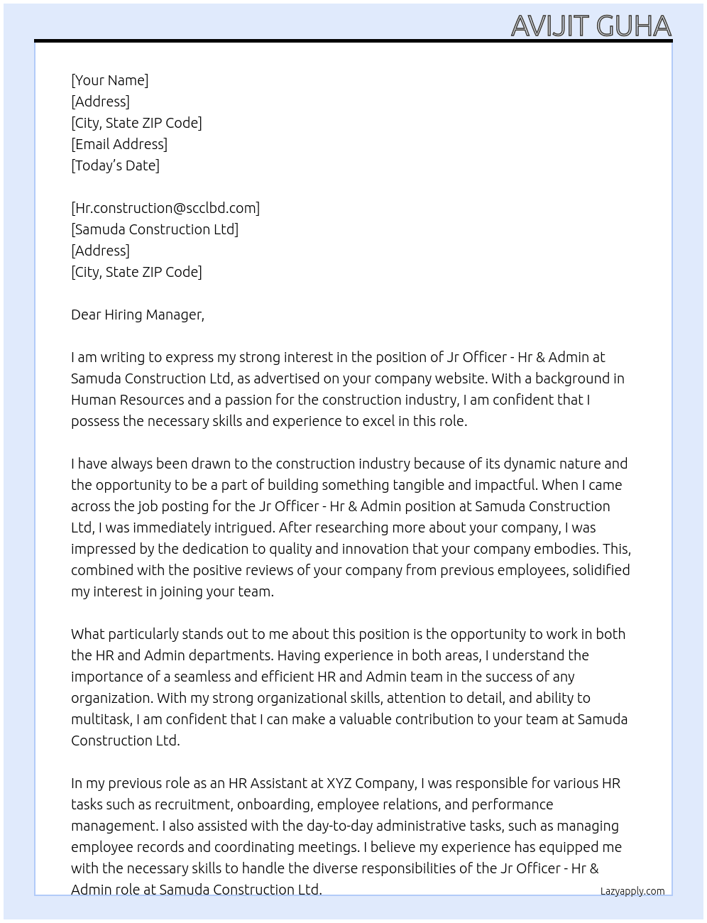 Jr Officer - Hr & Admin At Samuda Construction ltd Cover Letter
