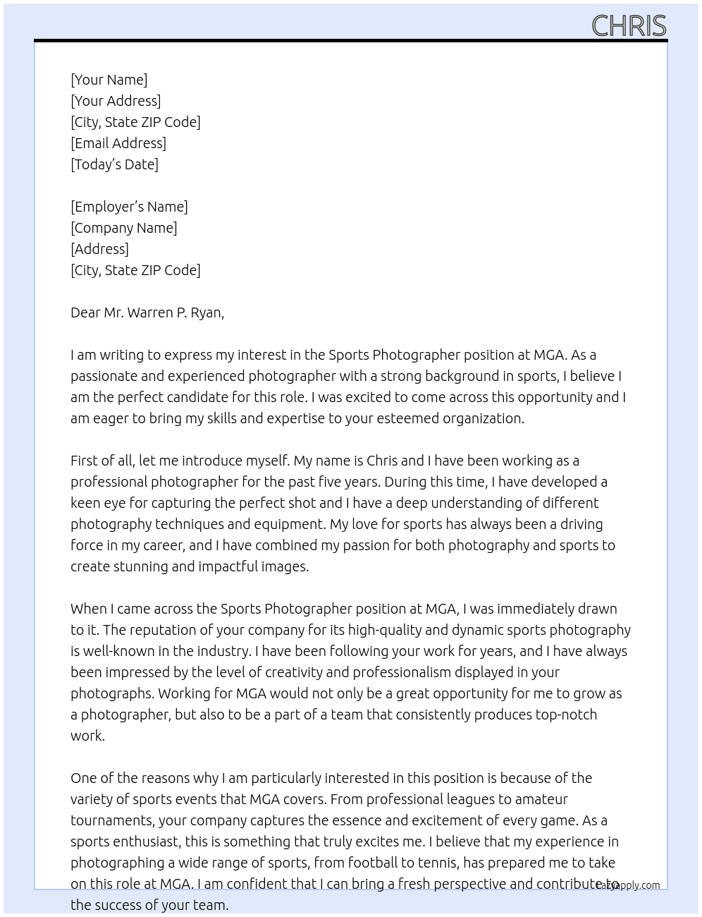 Sports Photographer At MGA Cover Letter