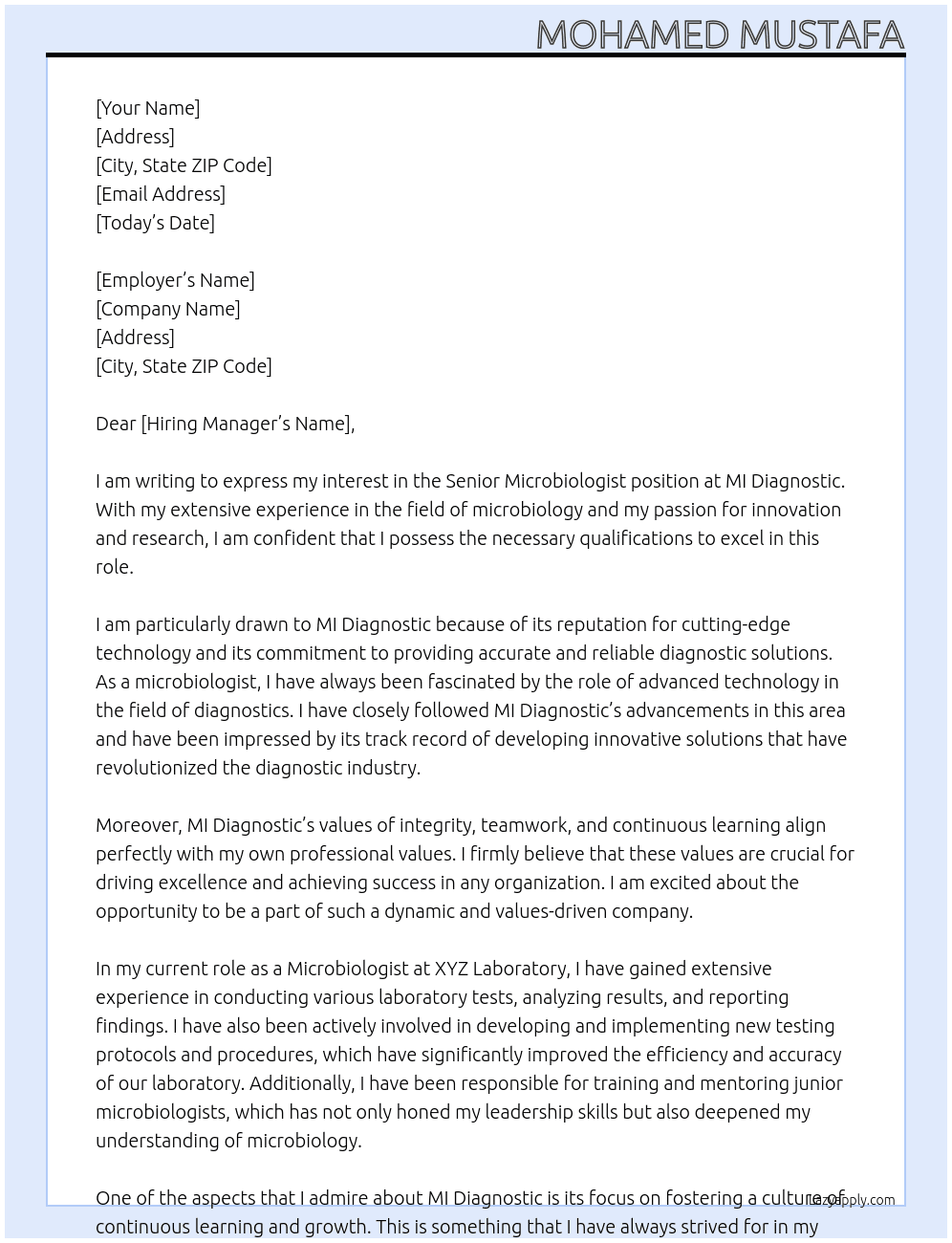 Senior microbiologist  At MI Diagnostic  Cover Letter
