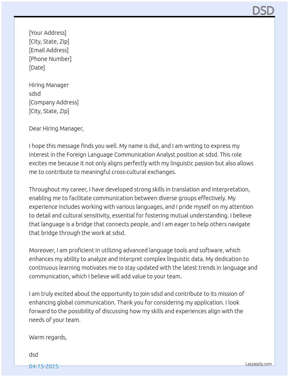 Foreign language communication analyst At sdsd Cover Letter