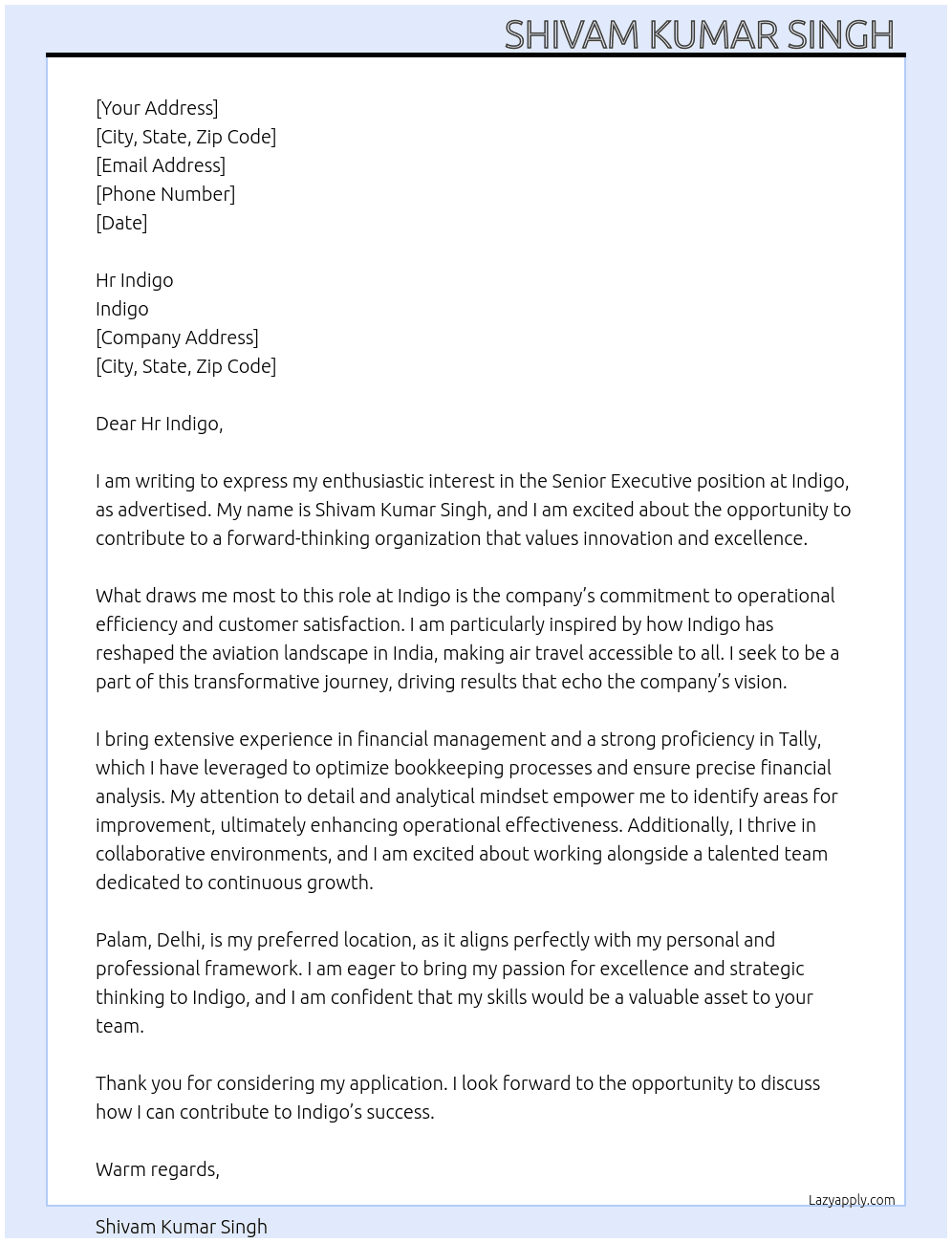Cover letter for senior executive - LazyApply