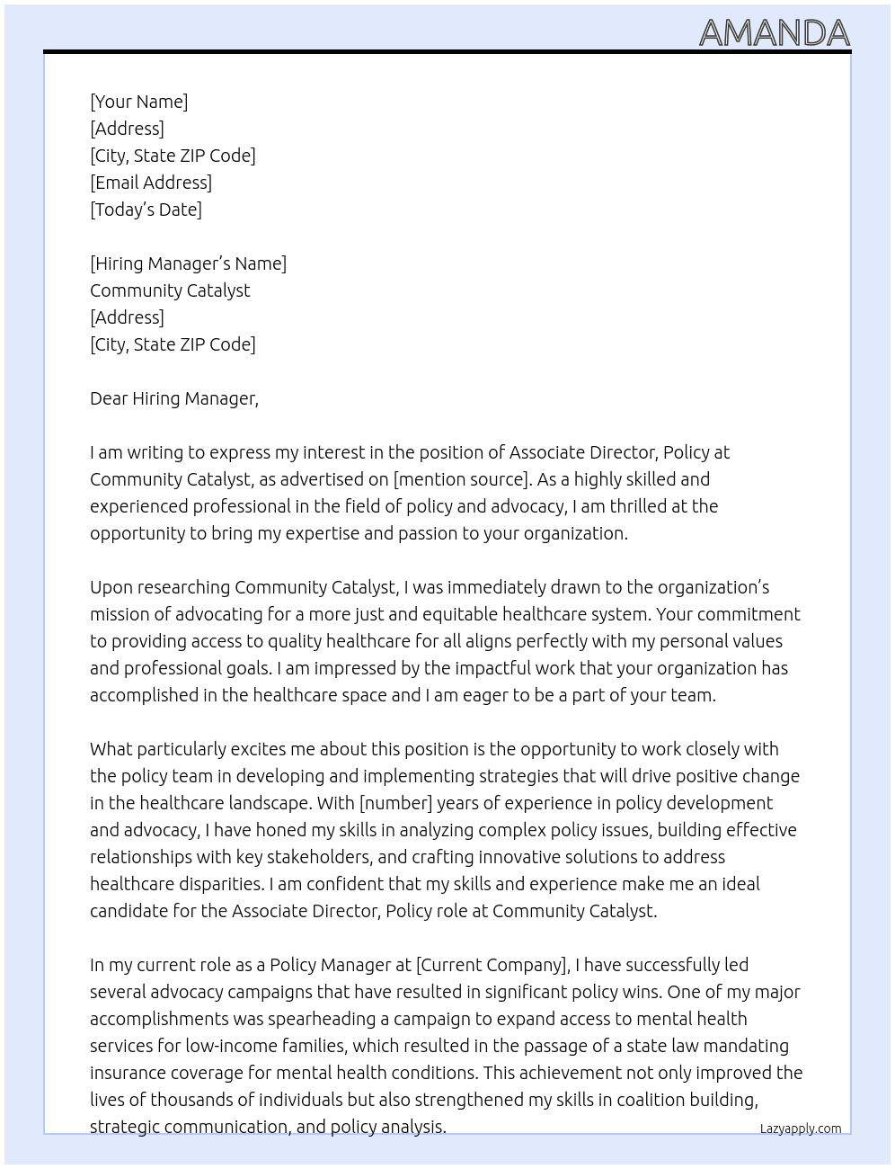 Associate Director, Policy At Community Catalyst Cover Letter