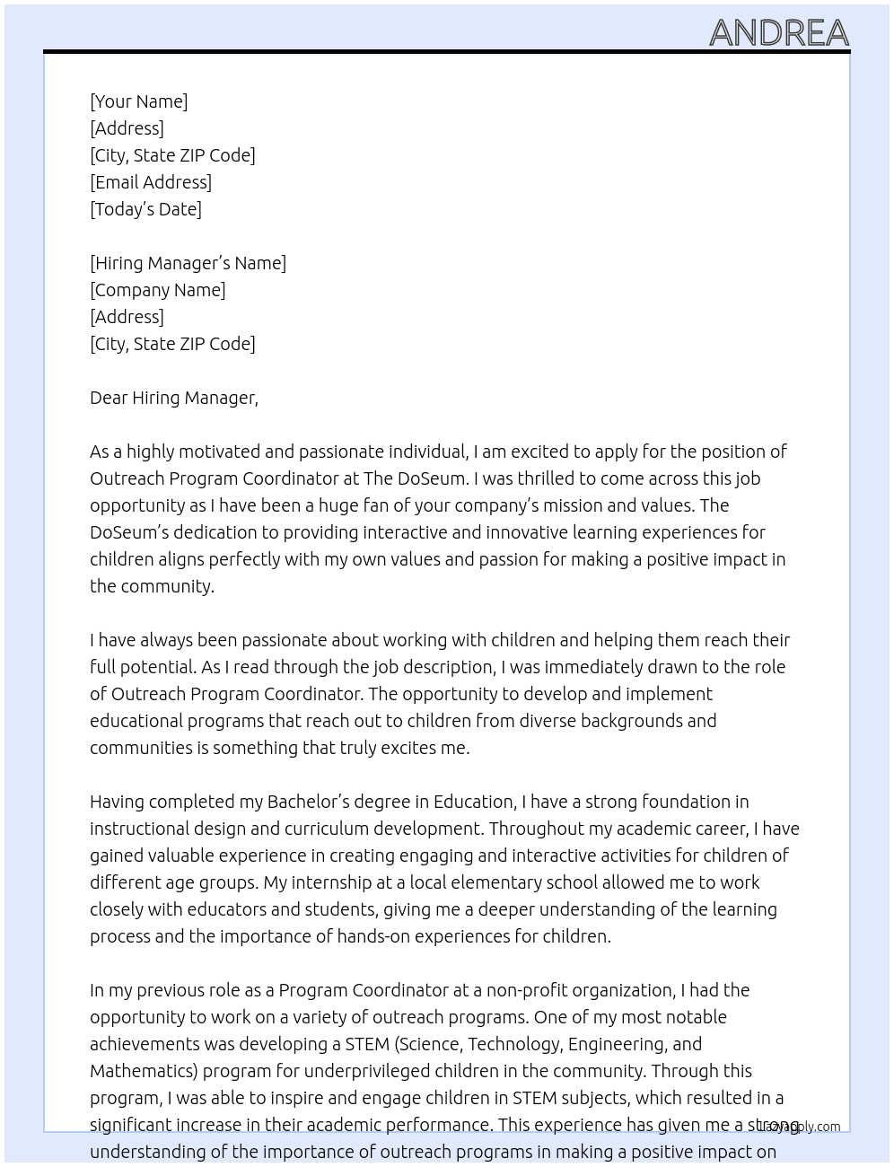 Outreach Program Coordinator At The DoSeum Cover Letter