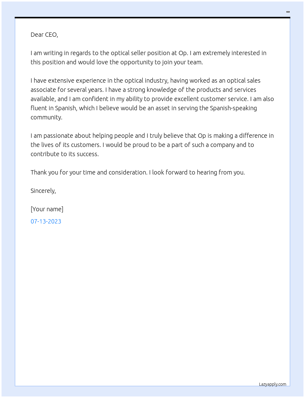 optical seller At Op Cover Letter