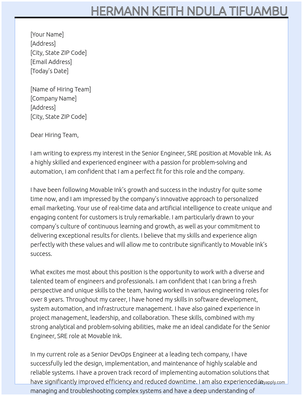 Senior Engineer, SRE At Movable Ink Cover Letter