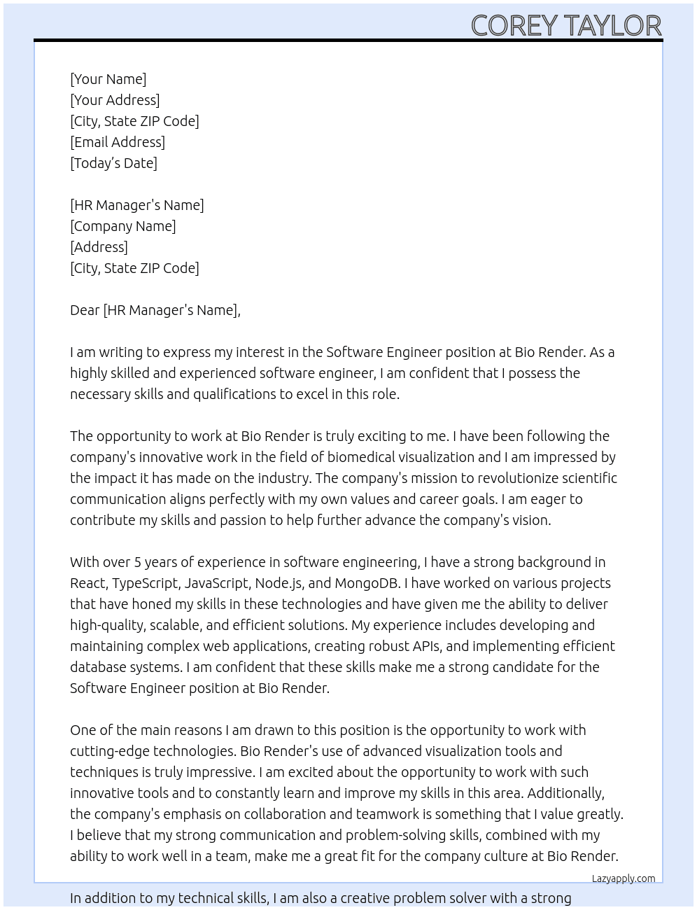 Software Engineer At Bio Render Cover Letter