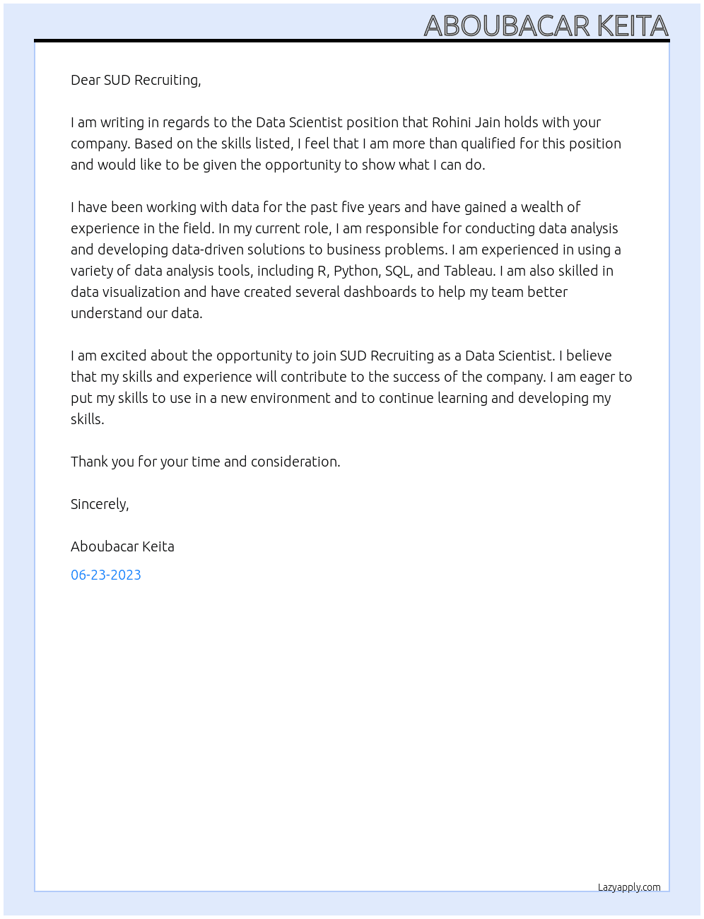 Data Scientist At SUD Recruiting Cover Letter