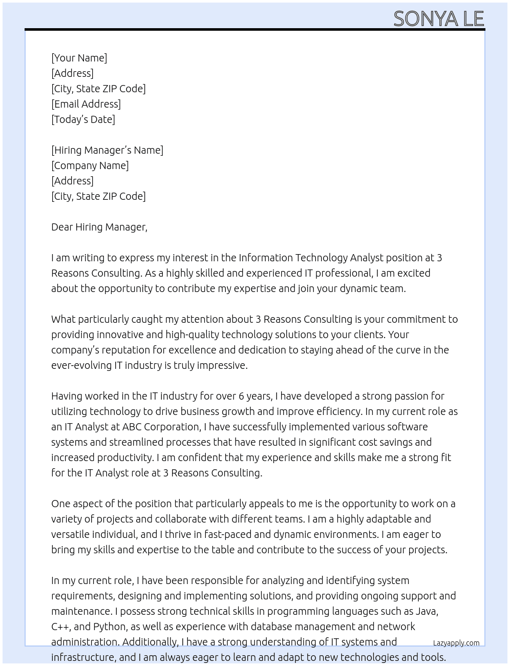 Information Technology Analyst At 3 Reasons Consulting Cover Letter