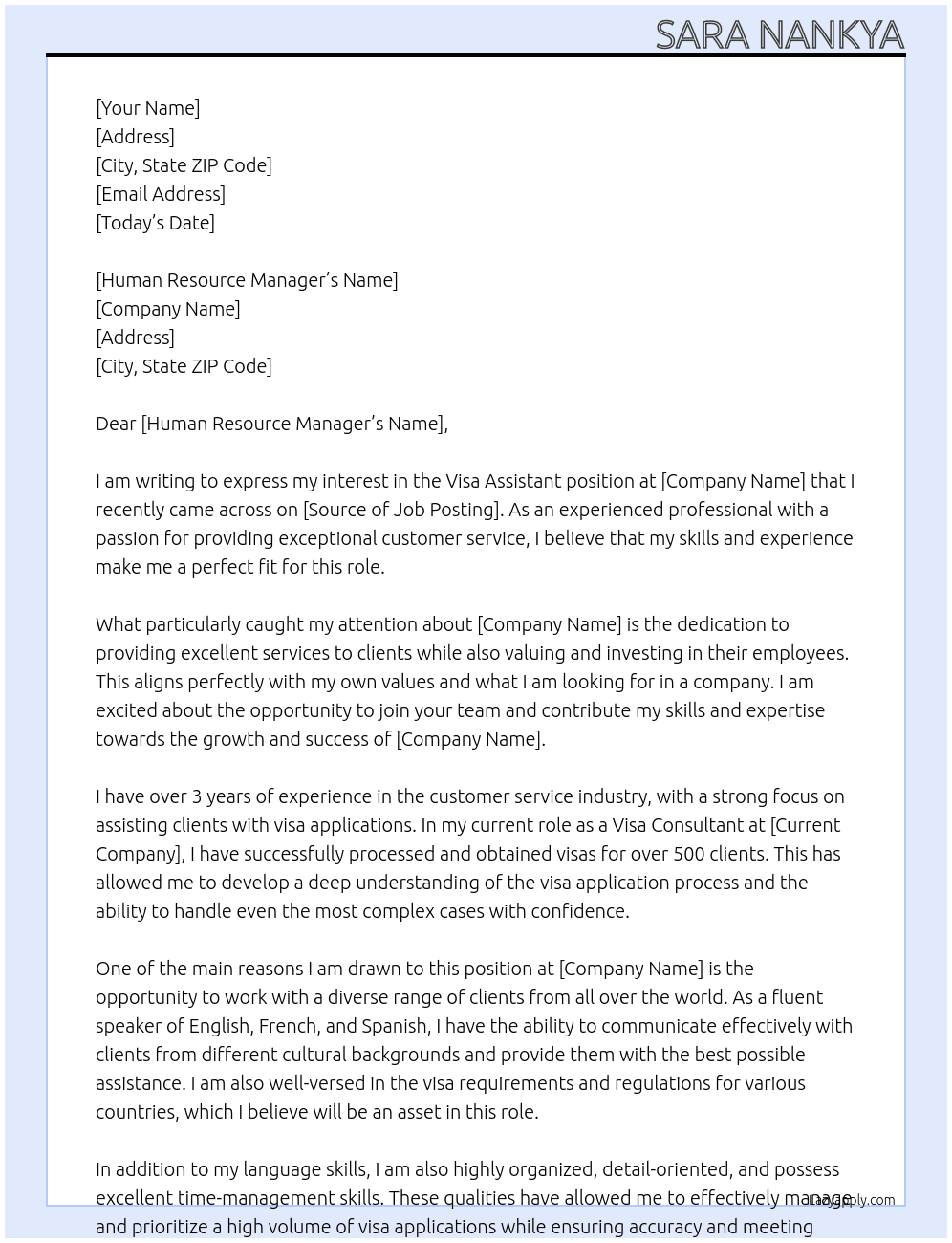 Visa Assistant At XXX Cover Letter