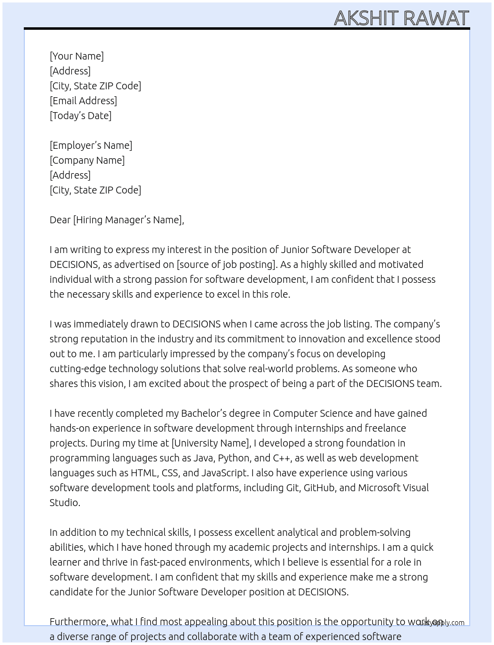 Junior Software Developer At DECISIONS Cover Letter