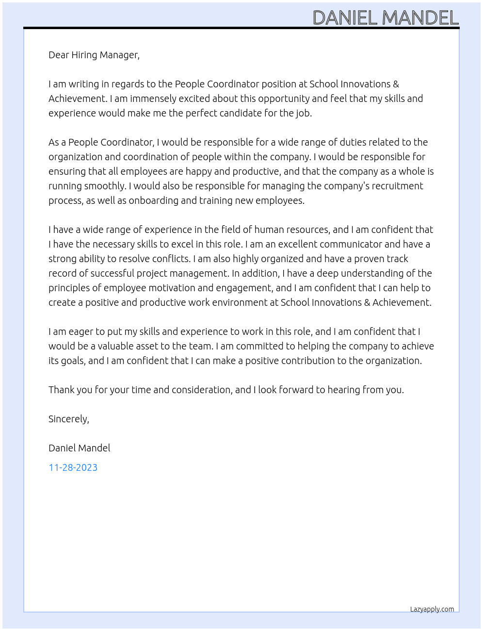People Coordinator At School Innovations & Achievement Cover Letter