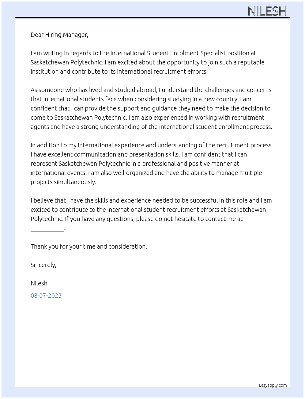 International Student Enrolment Specialist At Saskatchewan Polytechnic Cover Letter