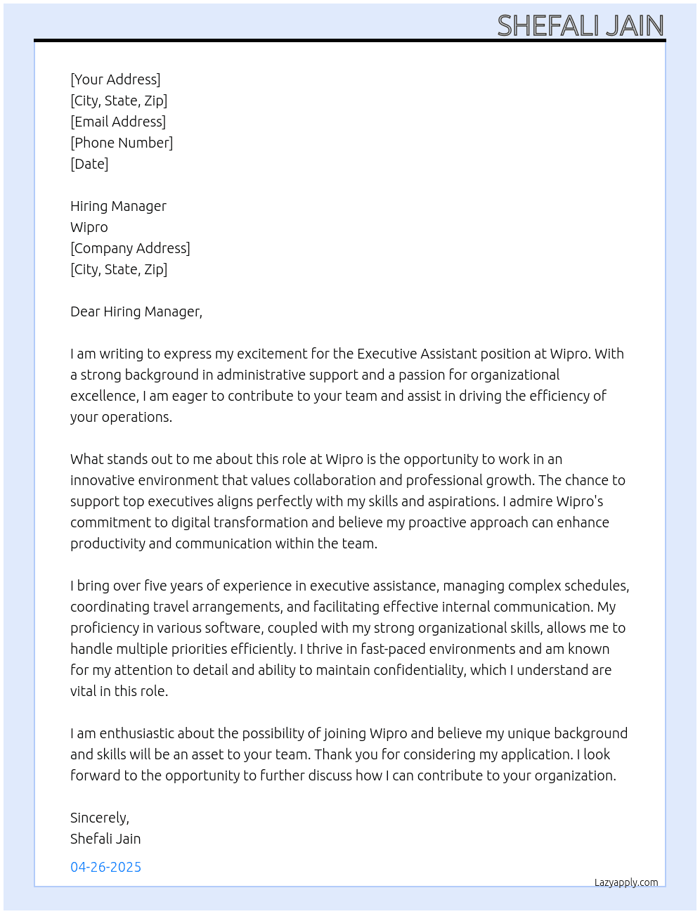 Executive Assistant At Wipro Cover Letter