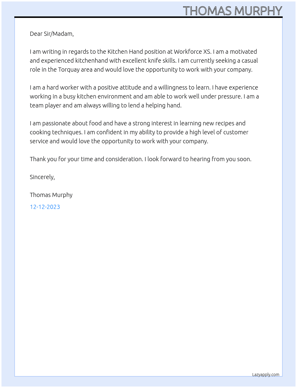 Kitchen Hand At Workforce XS Cover Letter