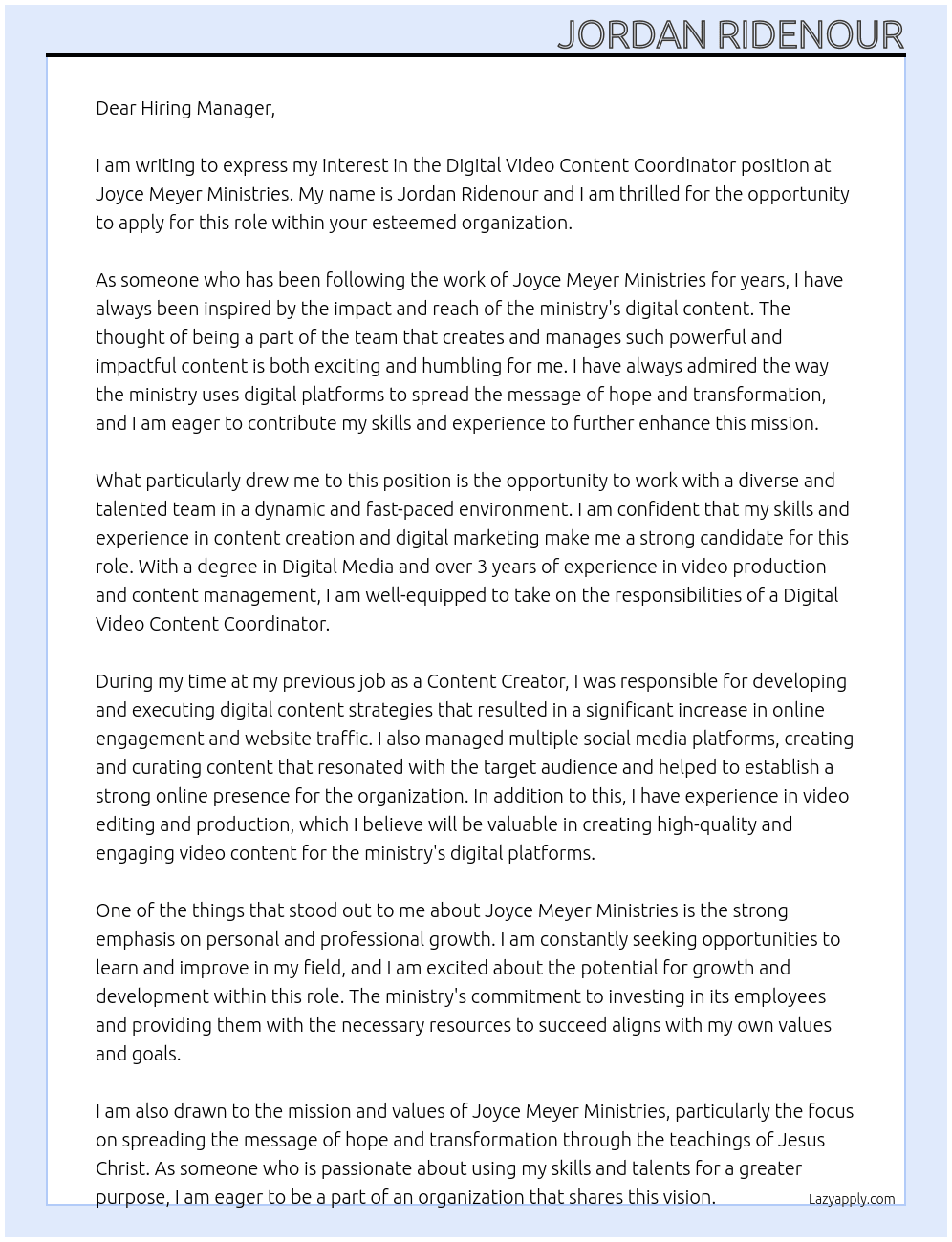 Digital Video Content Coordinator At Joyce Meyer Ministries Cover Letter