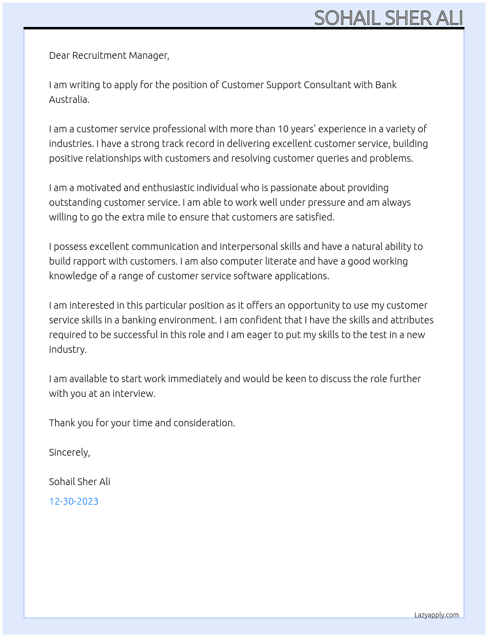 Customer Support Consultant At Bank Australia Cover Letter