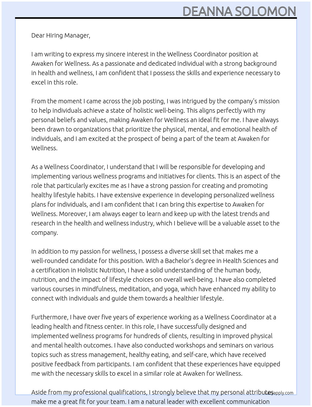 Wellness Coordinator At Awaken for Wellness Cover Letter