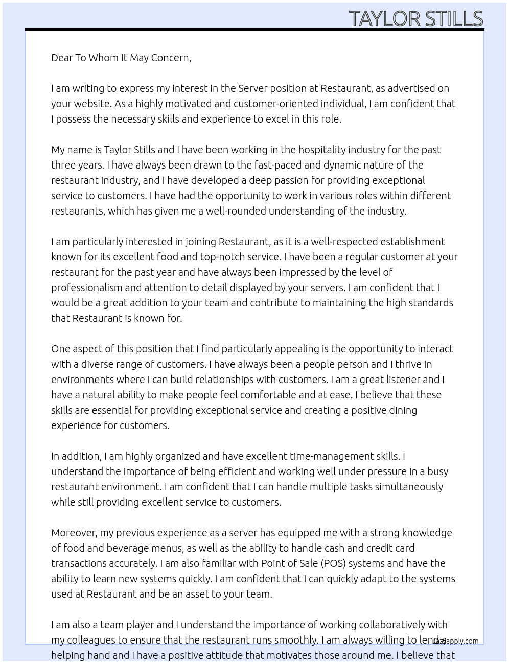 Server At Restaurant Cover Letter