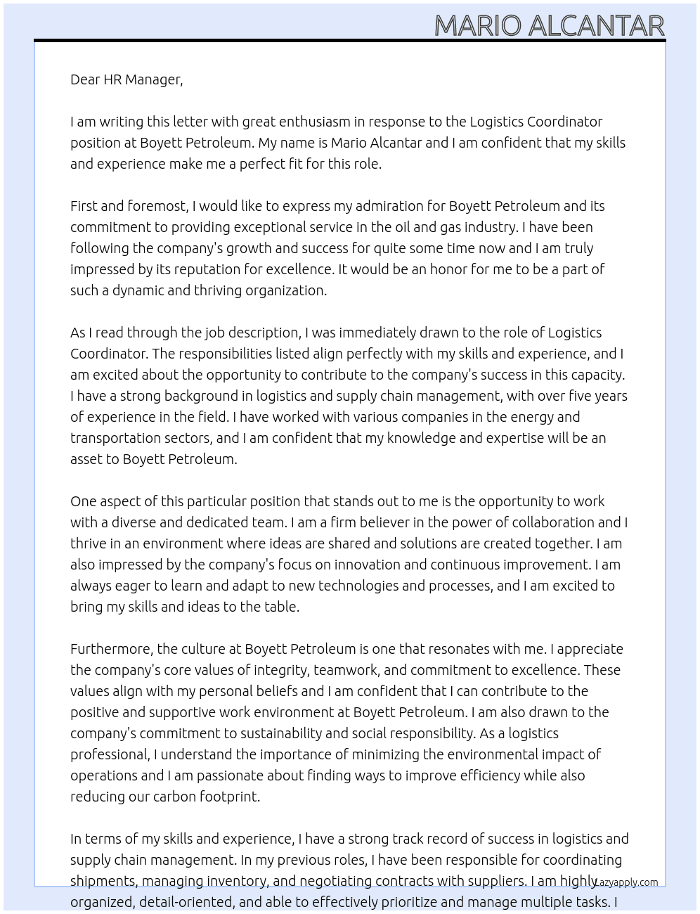 Logistics Coordinator At Boyett Petroleum Cover Letter