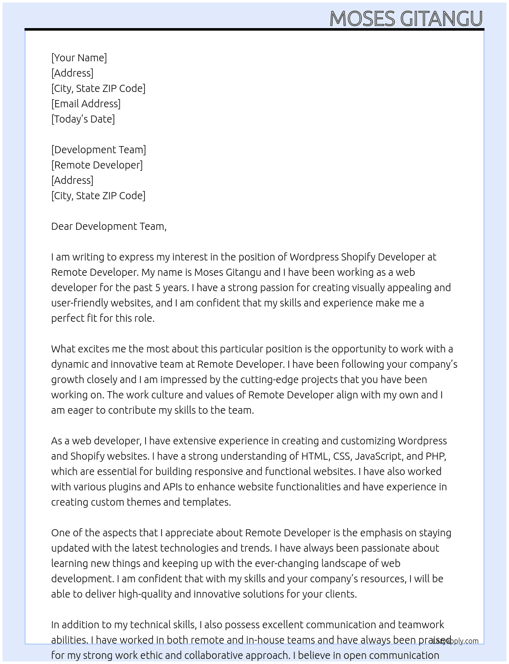 Wordpress Shopify Developer  At Remote Developer  Cover Letter