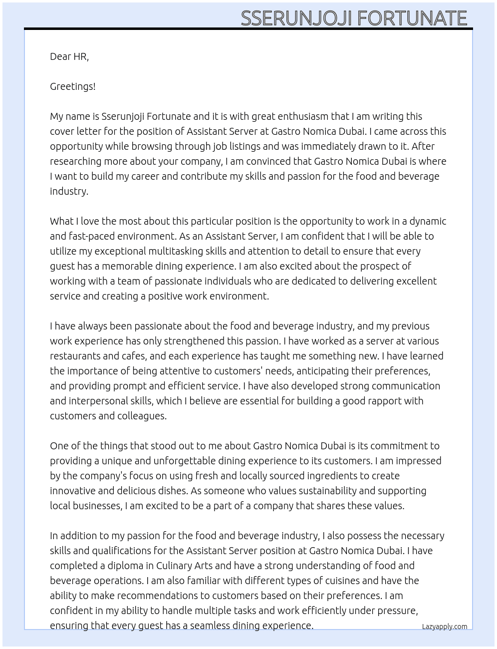 Assistant server At GASTRO NOMICA DUBAI Cover Letter