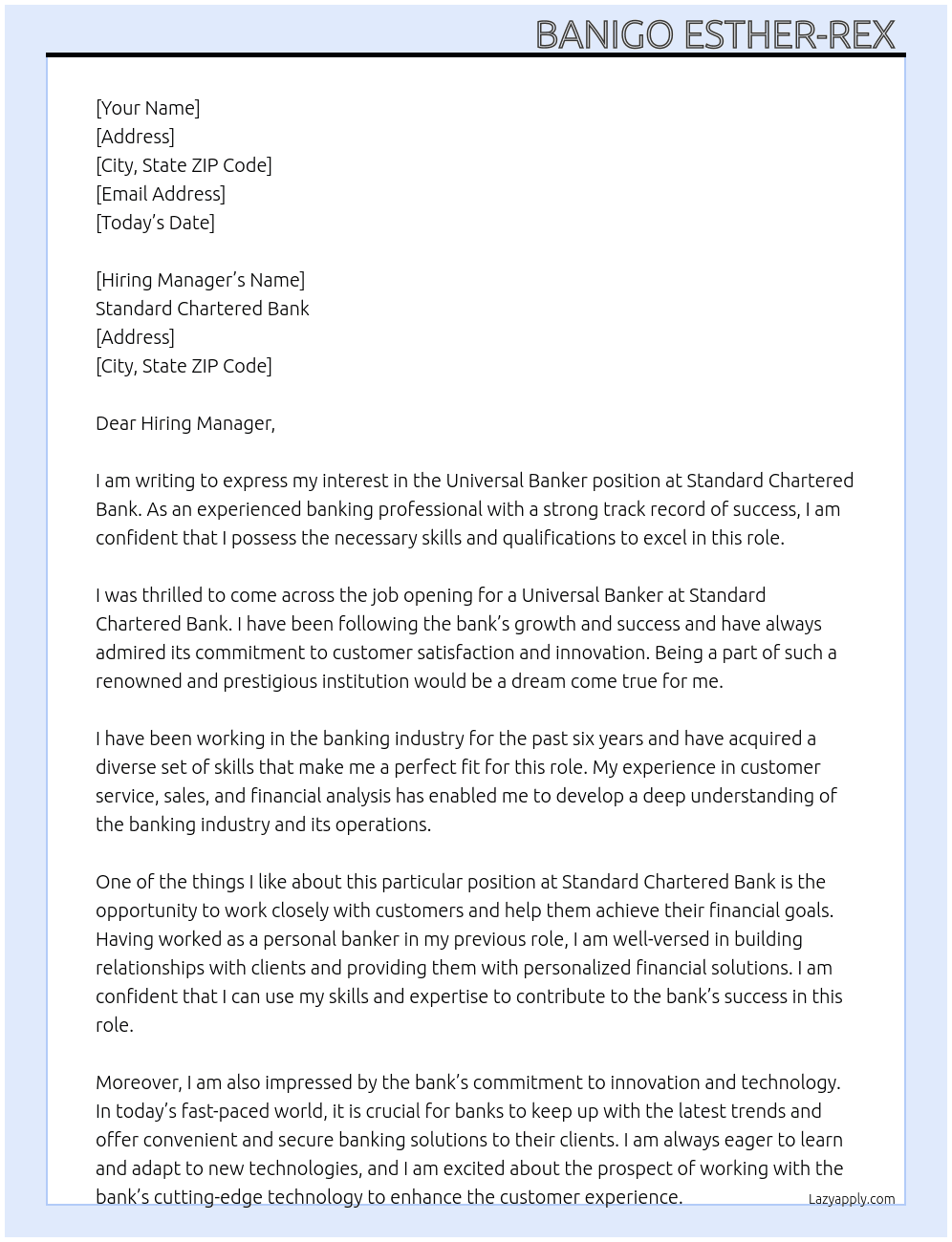 universal Banker at standard chartered bank At Standard chartered Bank Cover Letter