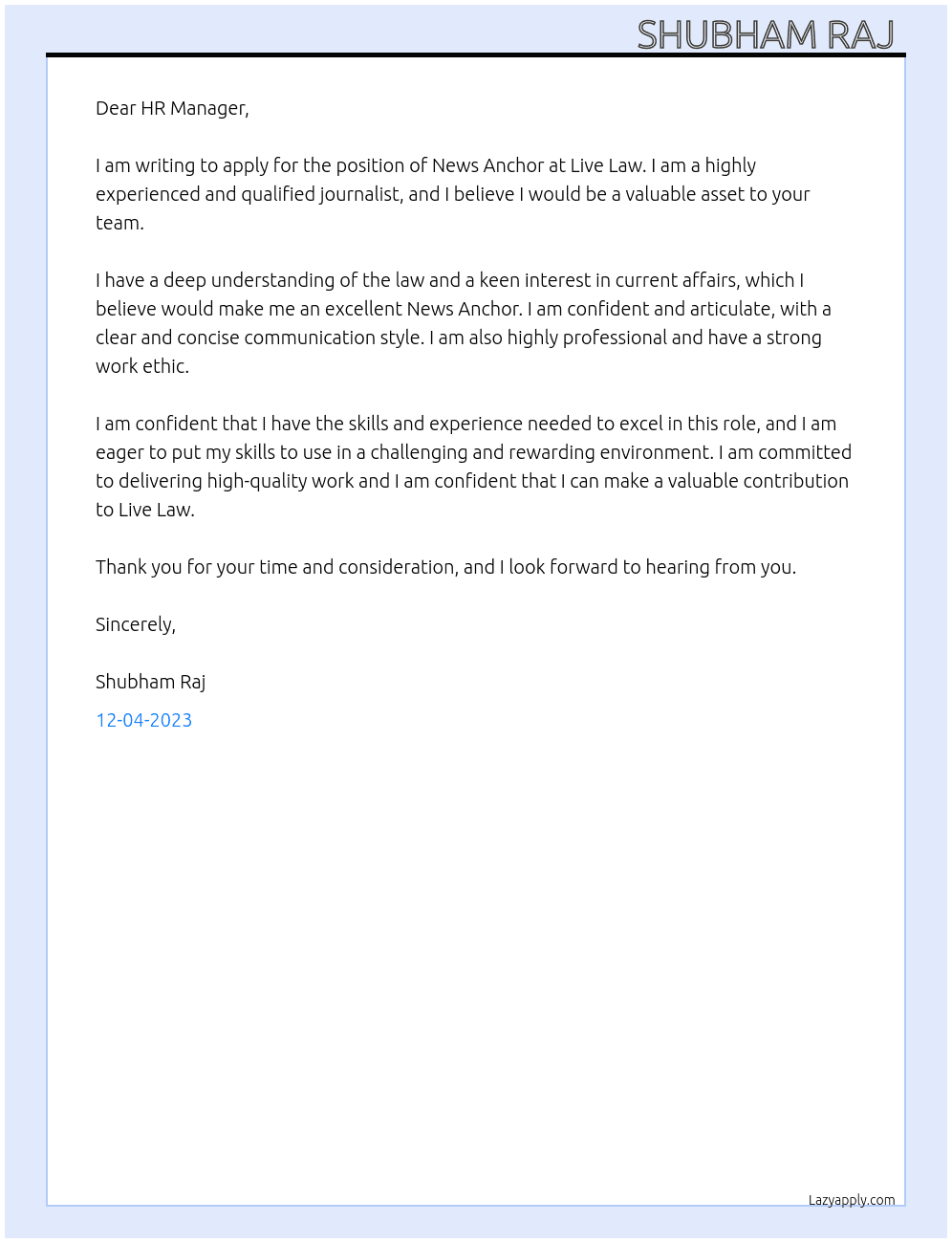 News Anchor At live law  Cover Letter