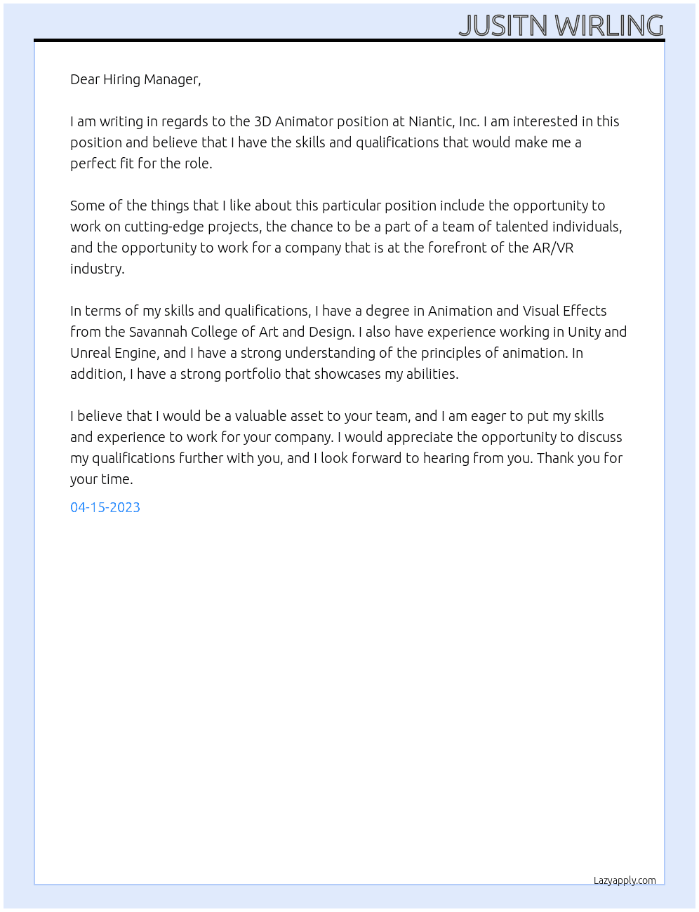 3D Animator At Niantic, Inc. Cover Letter
