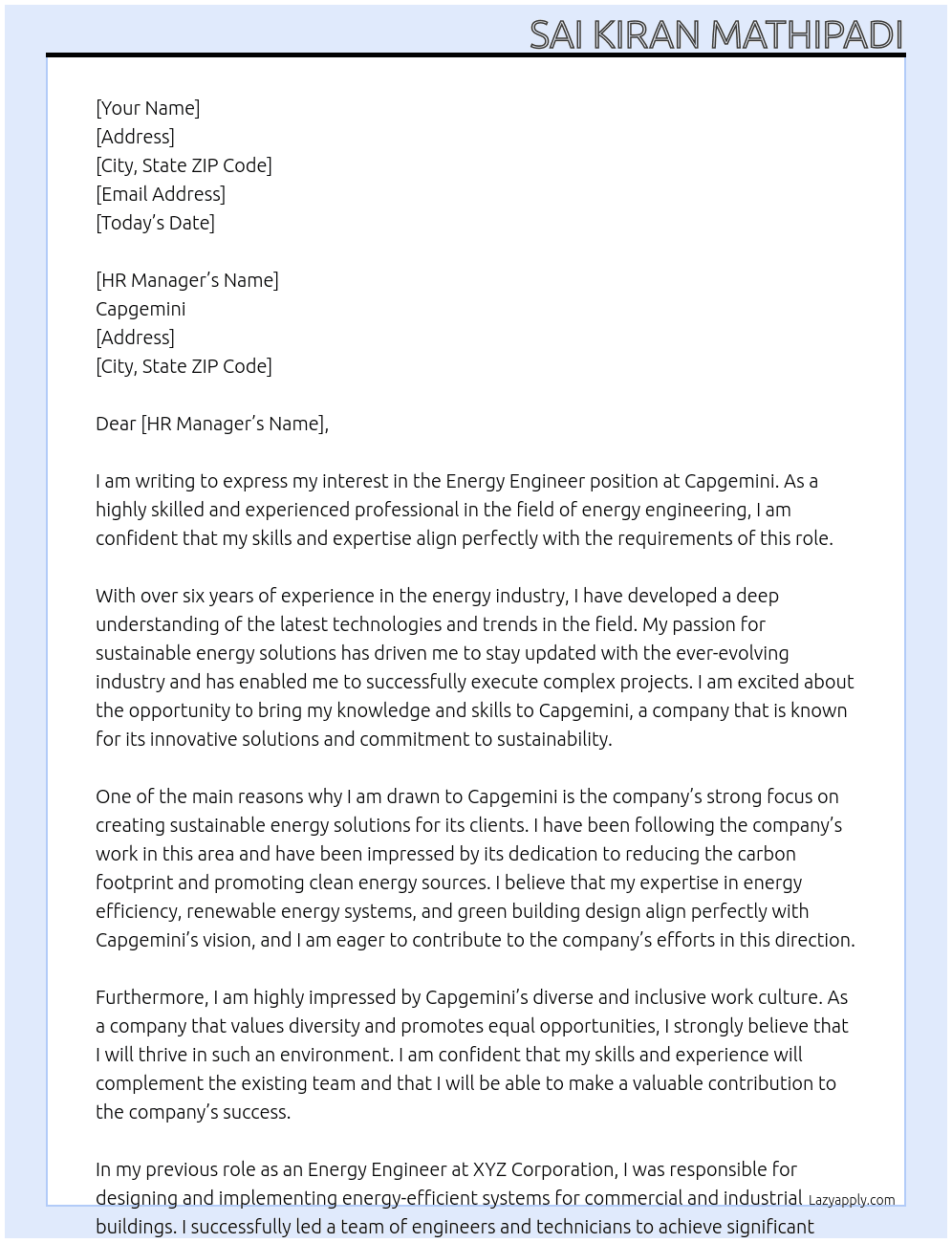 Energy engineer At Cap gemini Cover Letter
