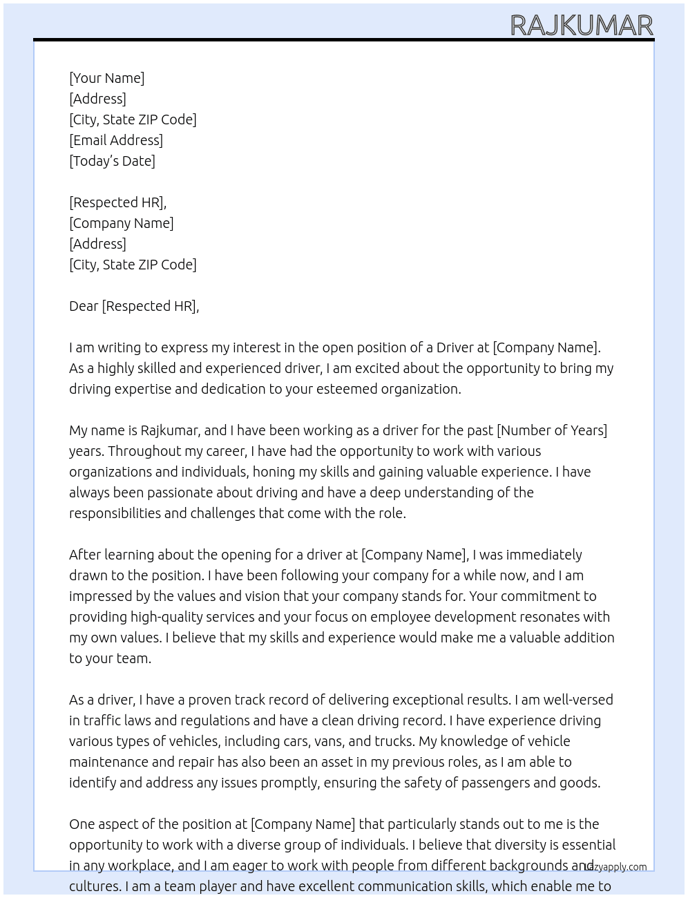 DRIVER At HIRING Cover Letter