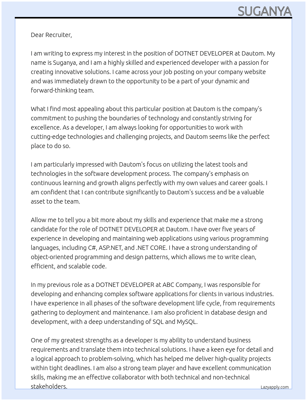 DOTNET DEVELOPER At Dautom Cover Letter