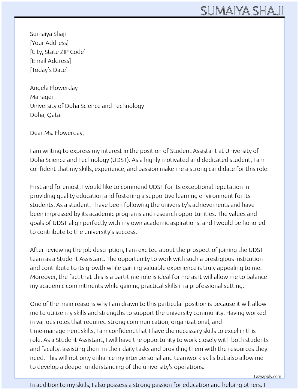 Student Assistant  At University of Doha Science and Technology  Cover Letter