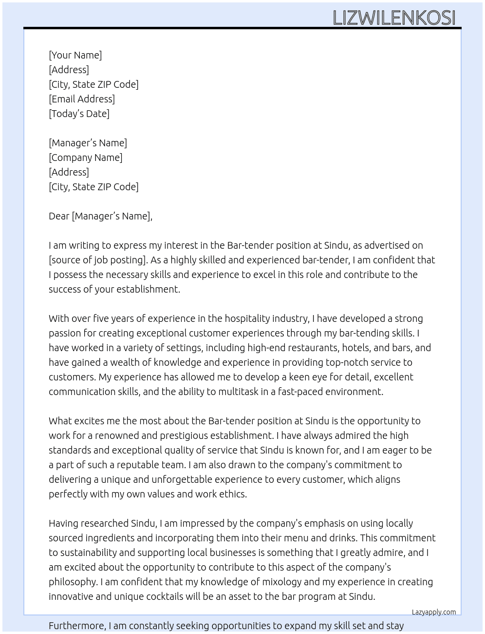 Bar-tender  At Sindu Cover Letter
