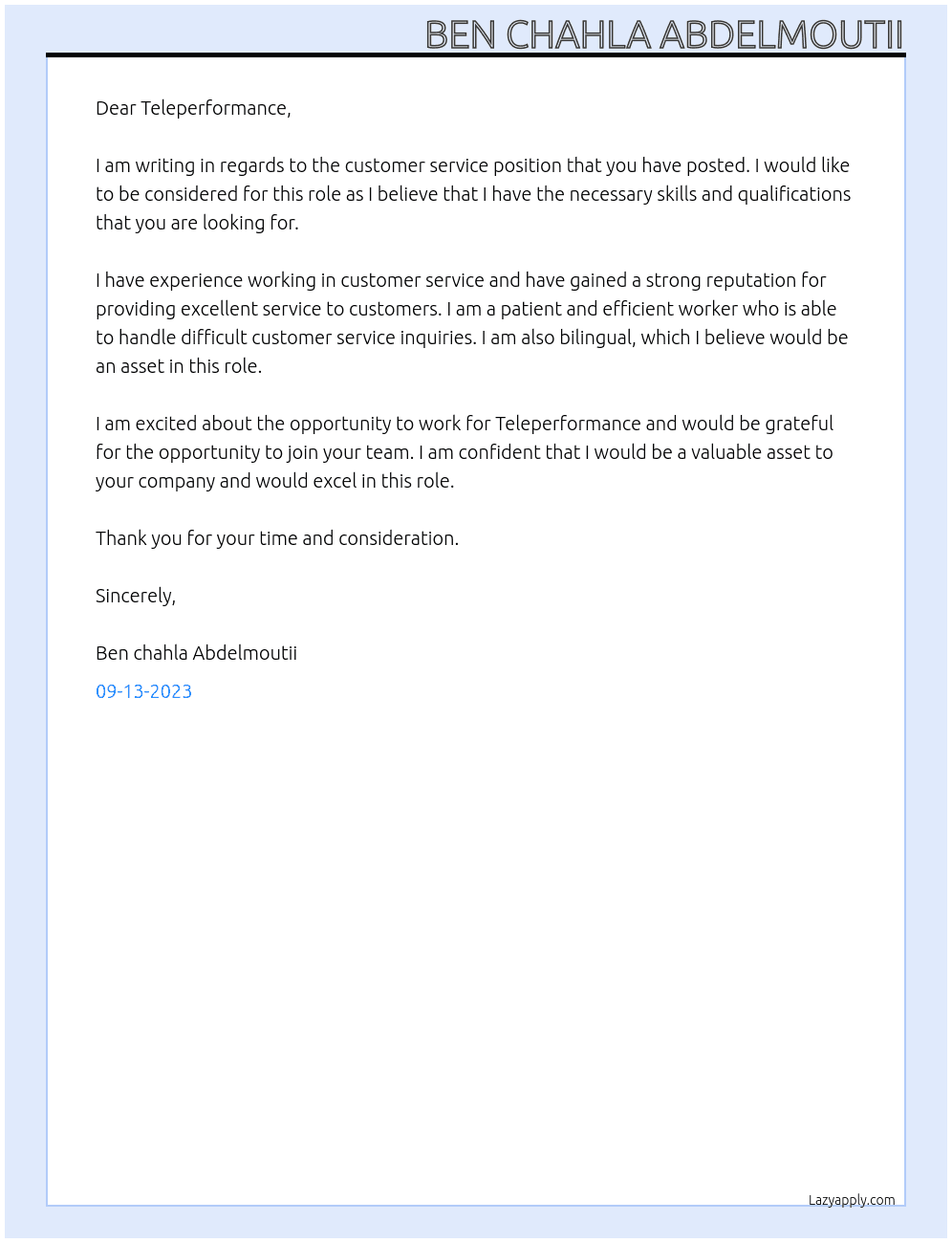 Costumer service  At Teleperformance  Cover Letter