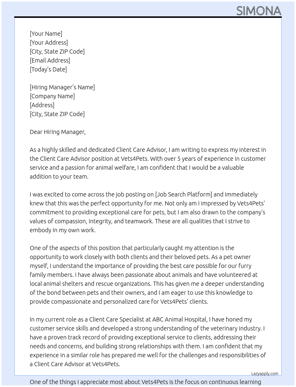 Client Care Advisor At Vets4Pets Cover Letter