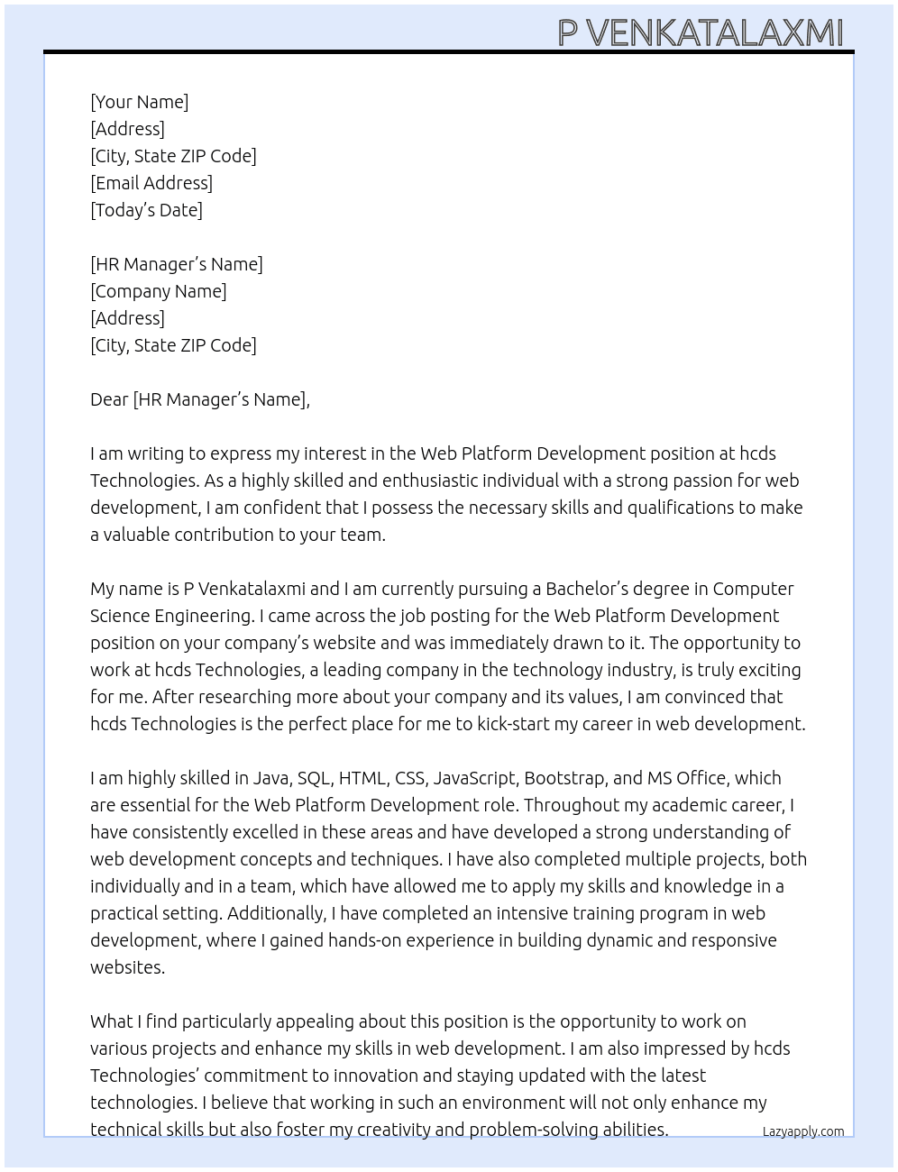 Web platform development  At hcds Technologies  Cover Letter