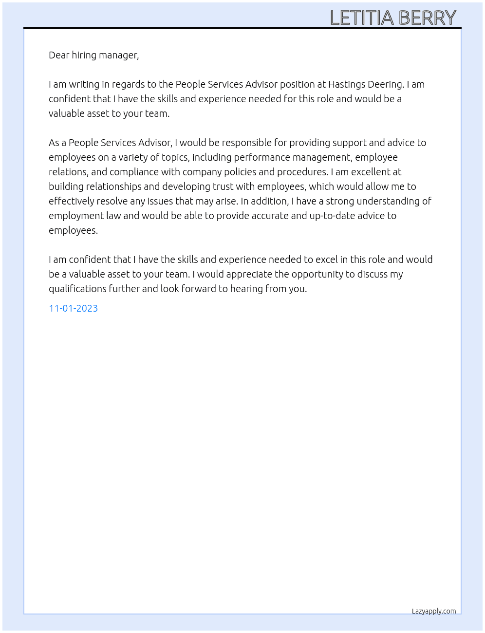 People Services Advisor  At Hastings Deering Cover Letter
