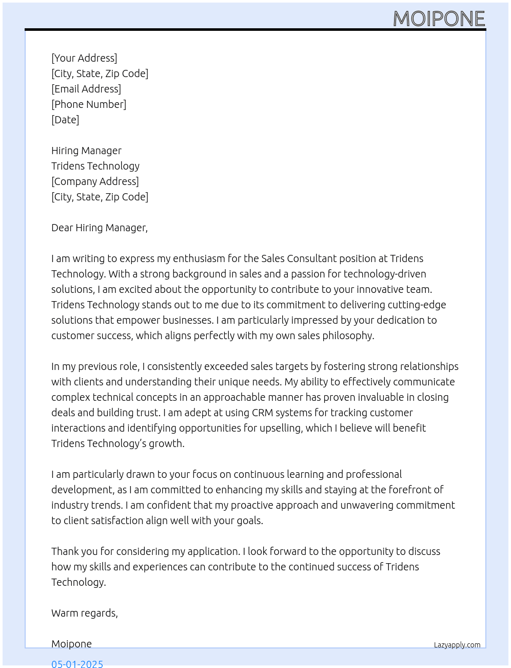 sales consultant At tridens technology Cover Letter