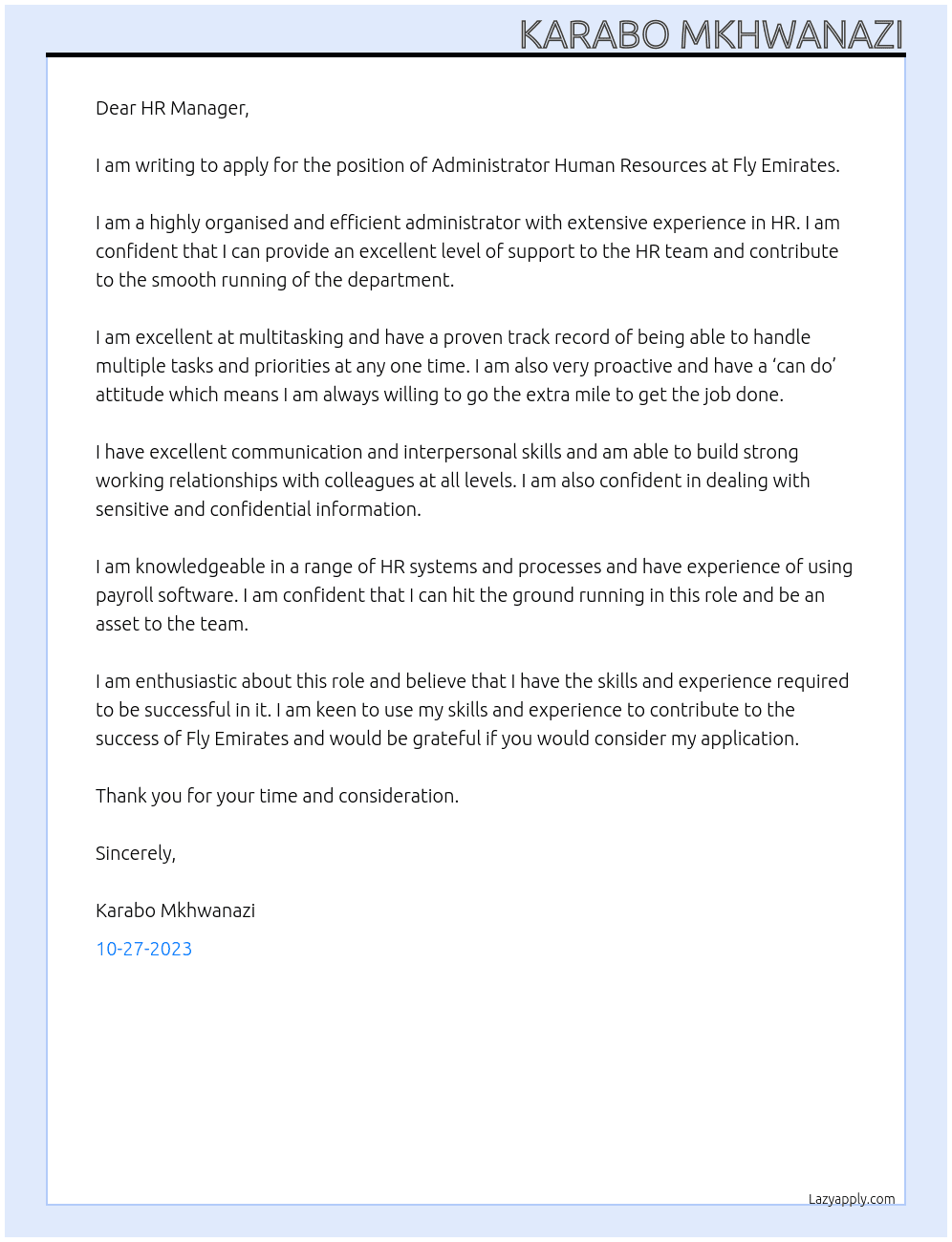 Administrator Human Resources  At Fly Emirates  Cover Letter